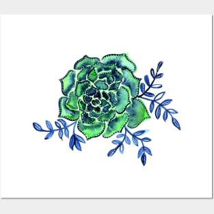 Watercolor houseleek - green and blue Posters and Art